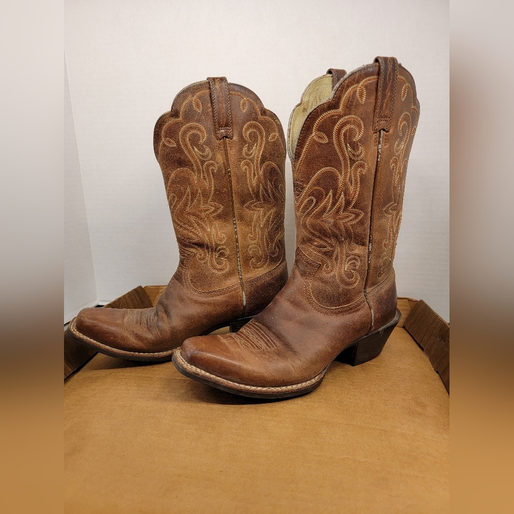Ariat Boots Womens 8 B Mid Calf Western Cowboy  Beige Leather Pull On